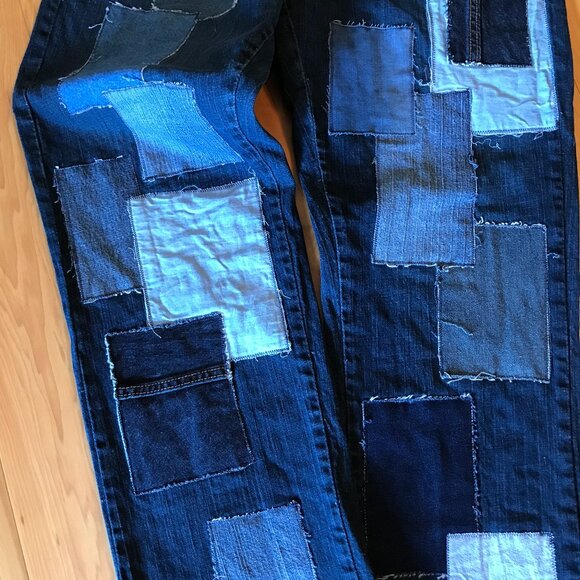 Boho Patchwork Jeans, Size 12: Upcycled Distressed Denim on Denim Hippie Pants - Picture 9 of 10
